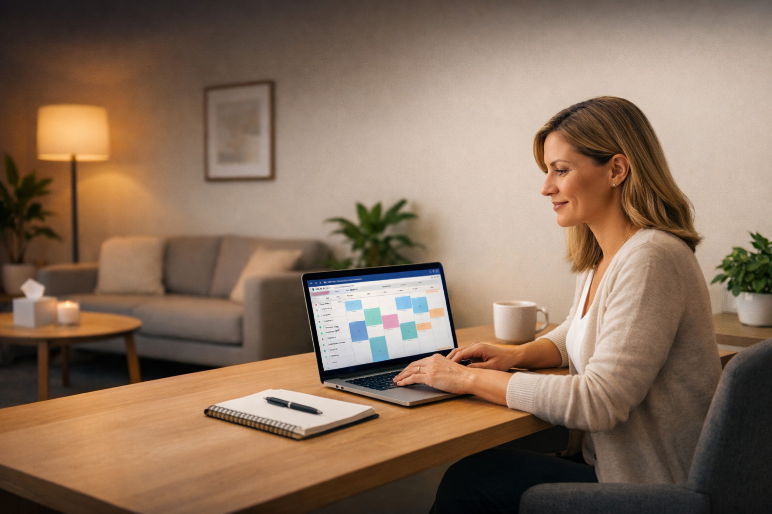 Clinic owner reviewing calendar on laptop